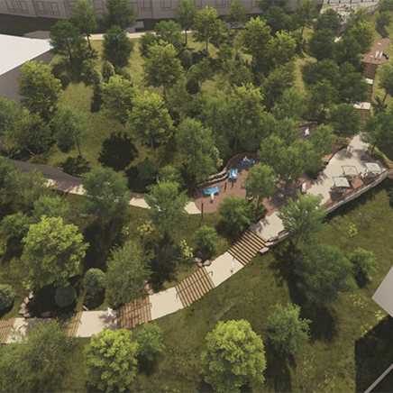 A rendered image of a hillside path.